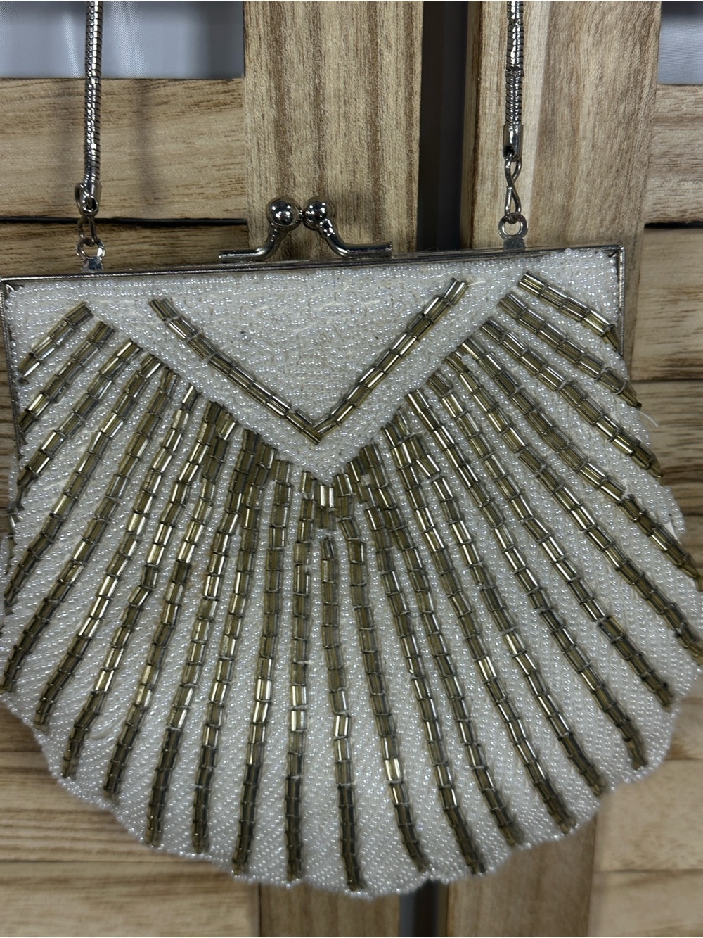 Vintage White Silver Beaded Evening Bag Art Deco Clutch Chain Purse